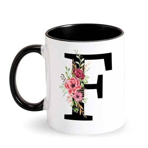 Personalisierte Tasse Buchstabe Kaffeetasse -Tasse mit Blumen Initial Keramik Tasse mit Anfangsbuchstaben Schwarz Tasse Geschenke für Damen, Freundin, Mama Geburtstag Valentinstag Muttertag (F) von Tarklanda