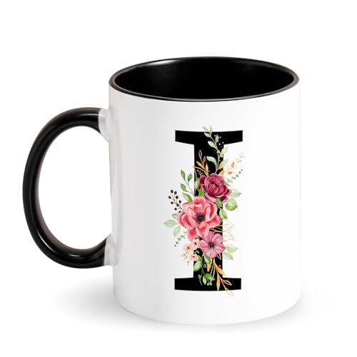 Personalisierte Tasse Buchstabe Kaffeetasse -Tasse mit Blumen Initial Keramik Tasse mit Anfangsbuchstaben Schwarz Tasse Geschenke für Damen, Freundin, Mama Geburtstag Valentinstag Muttertag (I) von Tarklanda