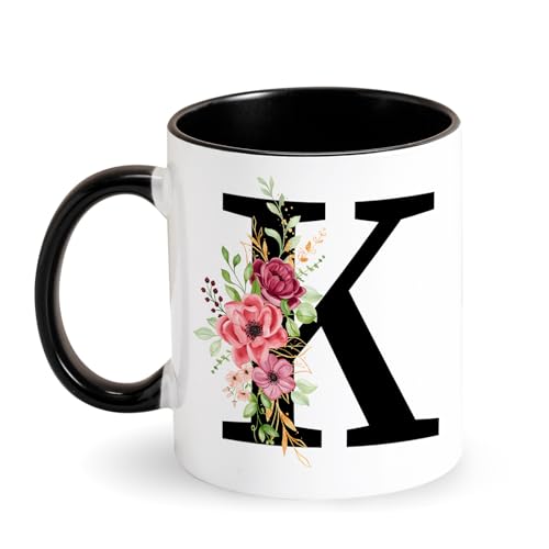 Personalisierte Tasse Buchstabe Kaffeetasse -Tasse mit Blumen Initial Keramik Tasse mit Anfangsbuchstaben Schwarz Tasse Geschenke für Damen, Freundin, Mama Geburtstag Valentinstag Muttertag (K) von Tarklanda