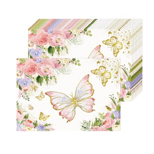 Schmetterling Rosen Papier Platzsets 50 Stück Papier Tischsets Golden Schmetterling Einweg Platzsets 28x40 cm Rose Papiertischsets Frühlings Dekorative für Esstisch, Hochzeit, Urlaub, Party von Tarklanda