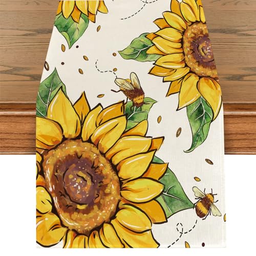 Sonnenblume Sommer Tischläufer, Gelbe Blumen Biene Frühling Tischläufer, Sommer Saisonnal Waschbar Küche Esstisch Dekoration für Drinnen und Draußen Urlaub Party Wohnzimmer Dekor 40x180cm von Tarklanda