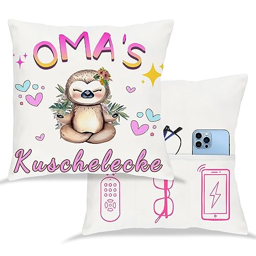 Tarklanda Oma Geschenk Oma Kuschelecke Kissenbezug Oma Zierkissenbezug 45x45 cm Kissenbezug Weiß Kissenbezug mit Taschen, Faultier Kissenbezug Geschenk für Oma zum Geburtstag, Muttertag von Tarklanda