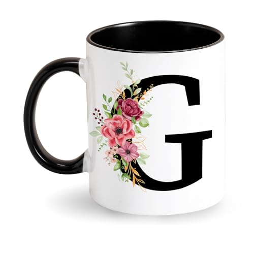 Personalisierte Tasse Initial Kaffeetasse -Tasse mit Buchstabe Blumen - Keramiktasse mit Alphabet - Schwarz Tasse Initiale Geschenke für Frauen, Freunde, Mutter Geschenke für Geburtstag (G) von Tarklanda