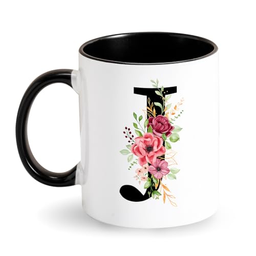 Personalisierte Tasse Initiale Kaffee Tasse - Buchstabe Keramik Tasse - Schwarz Tasse mit Blumen Alphabet Tasse Geschenke für Frauen Freundin Ehefrau zum Geburtstag Valentinstag Muttertag (J) von Tarklanda