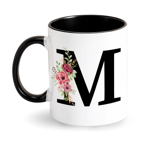 Personalisierte Tasse Initiale Kaffee Tasse - Buchstabe Keramik Tasse - Schwarz Tasse mit Blumen Alphabet Tasse Geschenke für Frauen Freundin Ehefrau zum Geburtstag Valentinstag Muttertag (M) von Tarklanda