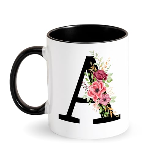 Personalisierte Tasse Initial Kaffeetasse -Tasse mit Buchstabe Blumen - Keramiktasse mit Alphabet - Schwarz Tasse Initiale Geschenke für Frauen, Freunde, Mutter Geschenke für Geburtstag (A) von Tarklanda