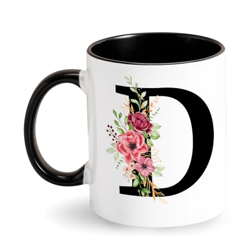 Tasse mit Initialen - Keramik Tasse mit Buchstabe und Blumen - Kaffeetasse mit Anfangsbuchstaben Schwarz Tasse Geburtstagsgeschenk für Frauen Freund Personalisiert Geschenke für Geburtstag (D) von Tarklanda