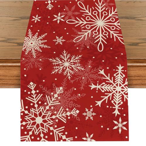 Tarklanda Weihnachten Schneeflocken Tischläufer, Rot Xmas Tischläufer Winterlich, Saisonnal Waschbar Küche Esstisch Tisch Dekoration für Drinnen und Draußen Urlaub Party Wohnzimmer 40x140 cm von Tarklanda