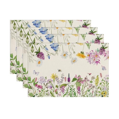Tarklanda Wilde Blumen Platzsets 4er Set Frühling Tischset Schmetterling Gänseblümchen Tischsets Urlaub Dekor Platzsets Waschbar Platzdeckchen für Küche Drinnen Party 30x45cm von Tarklanda