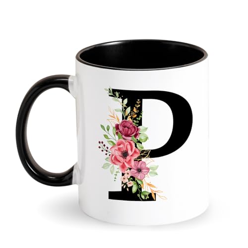 Tasse mit Initialen - Keramik Tasse mit Buchstabe und Blumen - Kaffeetasse mit Alphabet Schwarz Initial Tasse personalisiert Geschenke für Frauen, Mama, Freundin zum Geburtstag, Muttertag (P) von Tarklanda