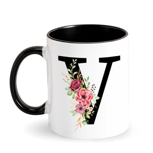 Tasse mit Initialen - Keramik Tasse mit Buchstabe und Blumen - Kaffeetasse mit Alphabet Schwarz Initial Tasse personalisiert Geschenke für Frauen, Mama, Freundin zum Geburtstag, Muttertag (V) von Tarklanda