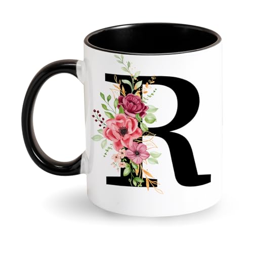 Initiale Tasse Buchstabe Kaffeetasse -Tasse mit Blumen Initial - Monogramm Tasse - Schwarz Keramik Tasse - Personalisiert Geschenke für Freundin Dame Mama zum Geburtstag Muttertag (R) von Tarklanda