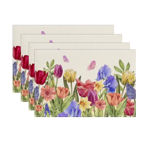 Tulpe Lavendel Platzsets 4er Set Schmetterling Blume Tischset Frühling Floral Platzsets Urlaub Dekor Tischsets Waschbar Platzdeckchen für Küche Esstisch Party 30 x 45cm von Tarklanda