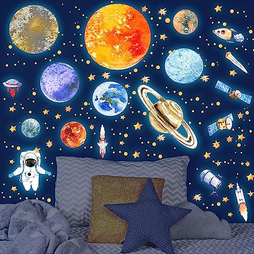 Wandsticker Leuchtaufkleber 9 Planeten Leuchtsterne Astronaut Planet Leuchtsticker Wandtattoo Leuchtend Sterne Sonnensystem Fluoreszierend Wandaufkleber für Kinderzimmer Dekorative Aufkleber Blau von Tarklanda