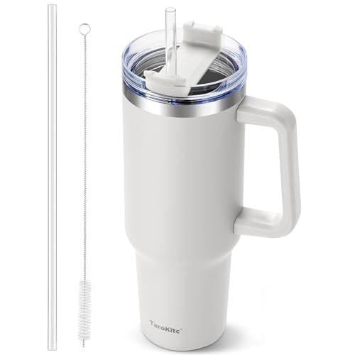 TaroKitc 1.18 l / 40 oz Thermobecher mit Griff und Strohhalm, Doppelwandige Edelstahl-Vakuum-Isolierflasche mit Deckel und Strohhalm, Reisekaffeebecher für Heiß-/Kaltgetränke von TaroKitc