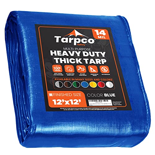 Tarpco Safety Abdeckplane Gewebeplane(245 g/m2 |12′ X 12′ | 3.65m X 3.65m| Blau) 14 Mil PE Schutzplane mit Ösen, Mehrzweck Abdeckung für Holz Gartenmöbel, LKW, Pool, Boot von Tarpco Safety