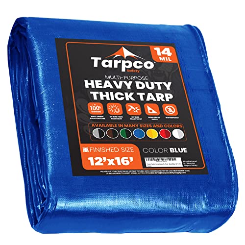 Tarpco Safety Abdeckplane Gewebeplane(245 g/m2 |12′ X 16′ | 3.65m X 4.85m| Blau) 14 Mil PE Schutzplane mit Ösen, Mehrzweck Abdeckung für Holz Gartenmöbel, LKW, Pool, Boot von Tarpco Safety