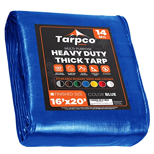 Tarpco Safety Abdeckplane Gewebeplane(245 g/m2 |16′ X 20′ | 4.85m X 6.1m| Blau) 14 Mil PE Schutzplane mit Ösen, Mehrzweck Abdeckung für Holz Gartenmöbel, LKW, Pool, Boot von Tarpco Safety