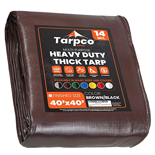 Tarpco Safety Abdeckplane Gewebeplane(245 g/m2 |40′ X 40′ | 12.2m X 12.2m |Braun/Schwarz) 14 Mil PE Schutzplane mit Ösen, Mehrzweck Abdeckung für Holz Gartenmöbel, LKW, Pool, Boot von Tarpco Safety