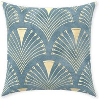 Art Deco Kissenbezug | Reiner Baumwoll-Twill-Print-stoff Gatsby Vintage Fächer Pfau Design Silbergrau Blau & Gold Dekoratives Kissen von Tarragonia