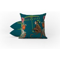 Outdoor Kissen | Wetterfestes Gartenkissen Chinoiserie Boho Teal Grüner Affe Regenschirm Dekorative Wasserdichte Hausgartenkissen von Tarragonia