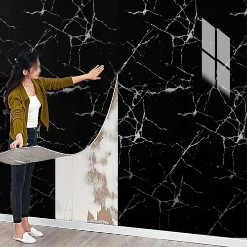 Tarwanear Fliesenaufkleber Marmor Klebefliesen Küche Bad Klebefliesen Wasserfest Selbstklebende Wandpaneele mit Steinoptik Abziehen und Aufkleben Selbstklebende Fliesen,300cm x 40cm Schwarz von Tarwanear