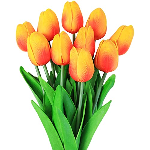 10 Stück Künstliche Tulpen, PU Real Touch Latex Kunstblume, Deko Kunstpflanze, Gefälschte Tulpen Blumen Blumensträuße Blumen für Home Room Hochzeitsstrauß Party DIY Decor (Sonnenuntergang Rot) von Tashce