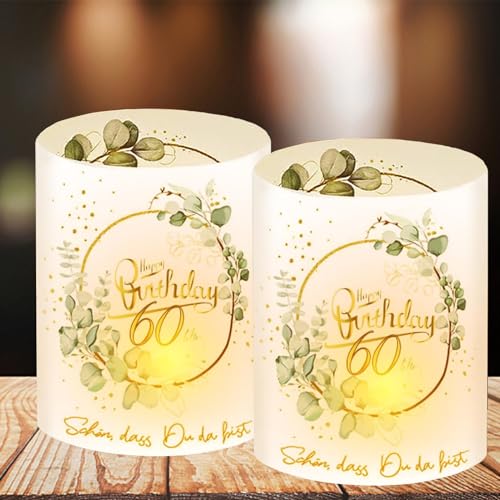 12 Windlicht Tischdeko 60 Geburtstag, Eukalyptus Deko 60. Geburtstag Frau Mann, 60 Jahre Happy Birthday Tischdeko, Schön DASS Du Da Bist, Geeignet für Teelichter oder Kerzen von Tashce