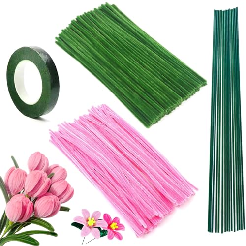 Tulpe Blumenstrauß Pfeifenreiniger Set, 200 Stück Pfeifenreiniger, 2 Farben (Rosa, Blattgrün) Pfeifenreiniger Chenilledraht für Zum Basteln und Handwerk Dekorieren Chenilledraht DIY Geschenke von Tashce