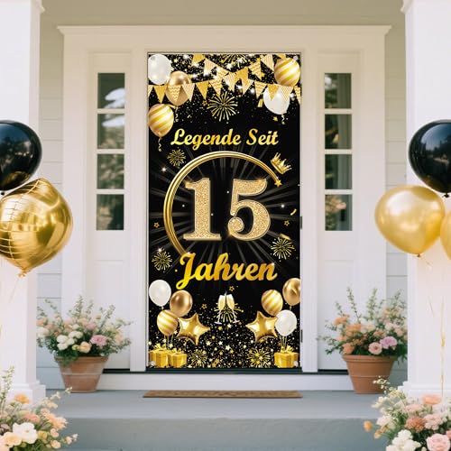 Deko 15. Geburtstag Junge Mädchen Banner - Schwarz Gold Legende Seit 15 Jahren Türbanner 165 x 80 cm, Stoff Hintergrund Tür Dekoration für 15 Geburtstagsfeier Dekoration von Tasoraor