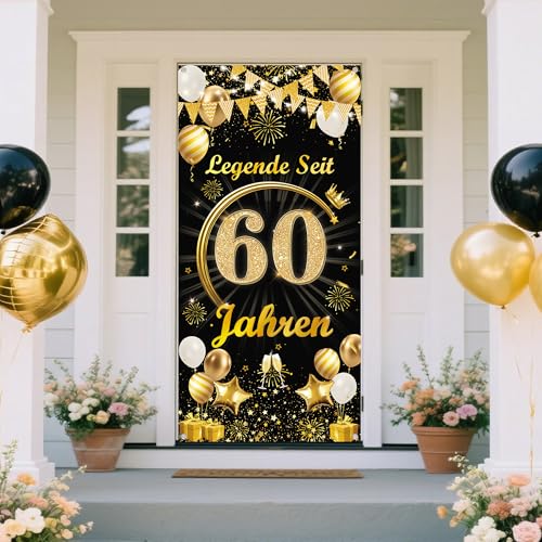 Deko 60 Geburtstag Mann Frau Banner - Schwarz Gold Legende Seit 60 Jahren Türbanner 165 x 80 cm, Stoff Hintergrund Tür Dekoration für 60. Geburtstagsfeier Dekoration von Tasoraor