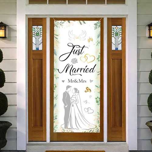 Hochzeit Deko Just Married Banner - Grün Hochzeitsdeko Frisch Verheiratet Mr und Mrs Hintergrund 145 x 60 cm, Stoff Tür Wand Garten Dekoration für Brautdusche Party von Tasoraor