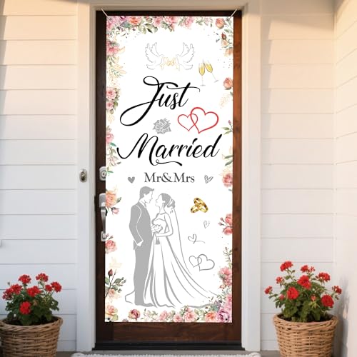 Hochzeit Deko Just Married Banner - Rosa Hochzeitsdeko Frisch Verheiratet Mr und Mrs Hintergrund 145 x 60 cm, Stoff Tür Wand Garten Dekoration für Brautdusche Party von Tasoraor