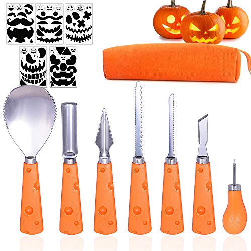 Taspire Halloween Kürbis Schnitzset, Halloween Kürbis Carving Kit, professionelle Werkzeuge und Hochleistungs-Edelstahl inklusive Tragetasche und 10er Kürbisschnitzschablone von Taspire