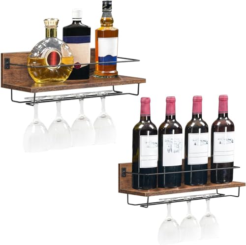 Taspooke Weinregal zur Wandmontage, 2er-Pack – Rustikales schwebendes Weinregal mit Glasflaschenhalter für Wohnzimmer, Esszimmer, Küche – Stilvolles Design in Braun und Schwarz von Taspooke