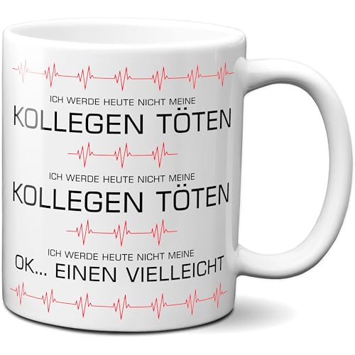 TassenKing Tasse fürs Büro Ich werde nicht meine Kollegen töten... Ok vlt einen, Kaffeetasse Kollegin Kollege Humor Geschenk Geschenkidee Schreibtisch Arbeit Kaffee-Becher (Weiß) von TassenKing