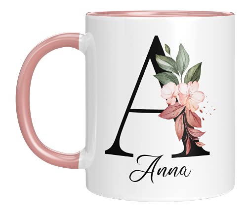 Personalisierte Keramik, Tasse - -mit Blumen Motiv - mit Ihrem Anfangsbuchstaben und Namen - - Geburtstag - Kaffeetasse - beidseitig bedruckt - Geschenke für Frauen (Rosa) von TASSENTICKER