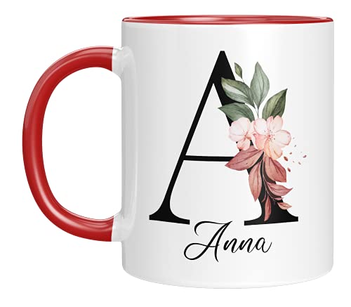 Personalisierte Tasse - "Namens-Tasse mit Blumen Motiv" - mit Ihrem Anfangsbuchstaben und Namen - personalisiert - Geburtstag - Kaffeetasse - beidseitig bedruckt - Geschenke für Frauen (Rot) von TassenTicker