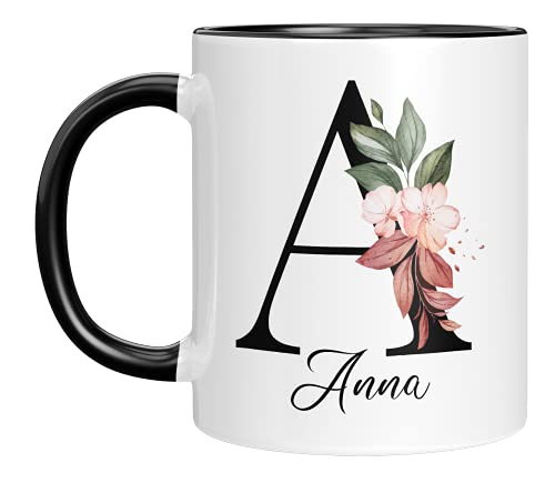 Personalisierte Tasse - "Namens-Tasse mit Blumen Motiv" - mit Ihrem Anfangsbuchstaben und Namen - personalisiert - Geburtstag - Kaffeetasse - beidseitig bedruckt - Geschenke für Frauen (Schwarz) von TassenTicker