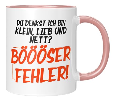 TassenTicker - Du denkst ich bin klein, lieb und Nett? Böööser Fehler! - Kaffeetasse - Tasse für kleine freche Menschen - Geburtstagsgeschenk - Geschenkidee - Geschenk - lustig - Rosa von TassenTicker