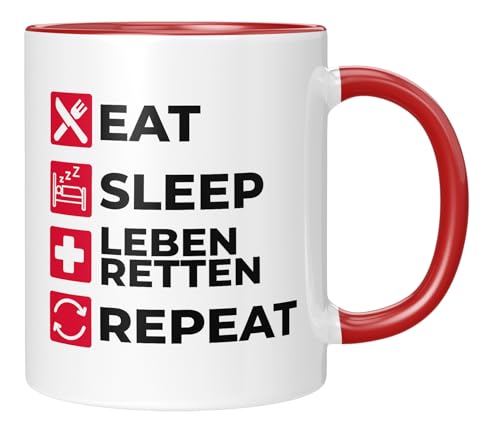 TassenTicker - Eat Sleep Leben Retten Repeat - Geschenk für Krankenschwester - Arzt - EMT - Kaffeetasse mit Spruch - lustige Geschenkidee - rot von TassenTicker