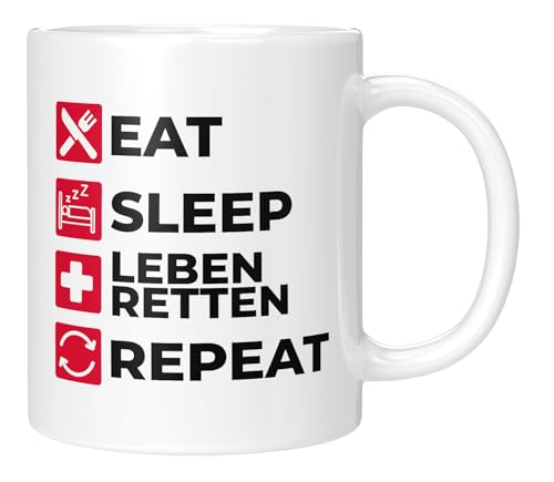 TassenTicker - Eat Sleep Leben Retten Repeat - Geschenk für Krankenschwester - Arzt - EMT - Kaffeetasse mit Spruch - lustige Geschenkidee - weiss von TassenTicker