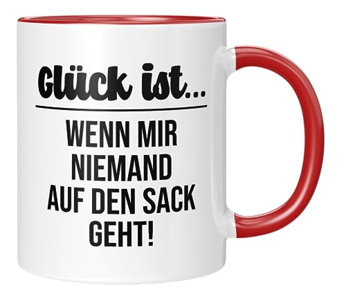 TassenTicker - Glück ist, wenn mir niemand auf den Sack geht - Kaffeetasse - Tasse mit Spruch - Geschenk für Mann, Arbeitskollege - lustig, witzig - Arbeit - Büro - Geburtstagsgeschenk - Rot von TassenTicker