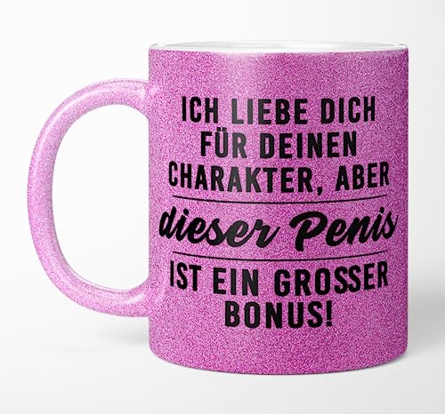 TassenTicker - Ich liebe dich für deinen Charakter aber dieser P - lustige Tasse für Paare - Kaffeetasse - Geschenkidee - Geschenke - Glitzertasse - für den Freund - Männer - Mann (Lila) von TassenTicker