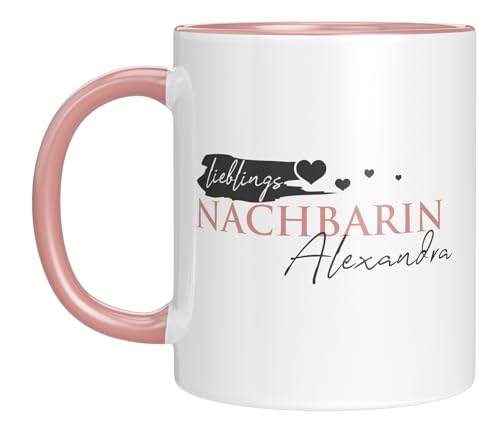 TassenTicker - Kaffeebecher - Lieblingsnachbarin - mit Namen personalisiert - Tasse mit Spruch - coole Geschenkidee - Willkommensgeschenk - Rosa von TassenTicker
