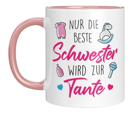 TassenTicker - Nur die besten Schwestern werden zur Tante - Kaffeetasse - Geschenkidee - Geburt - Lieblings Schwester - Motiv Tasse mit Spruch - Rosa von TassenTicker
