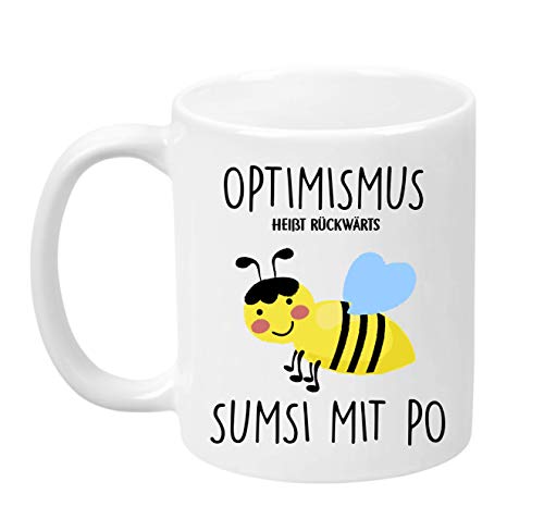 TassenTicker - ''Optimismus heißt rückwärts sumsi mit po'' - beidseitig Bedruckt - Tasse - Kaffeetasse - Kaffeebecher - Geschenk - Arbeit - lustig (Weiss) von TassenTicker