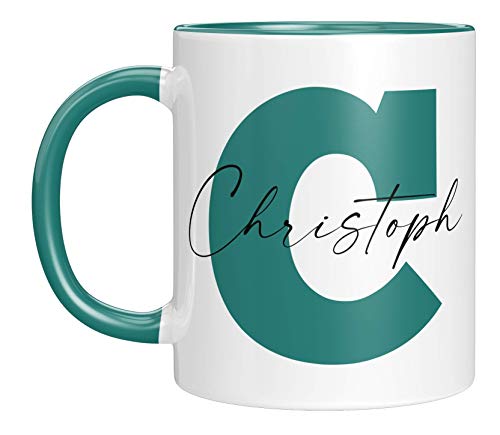 TassenTicker - Personalisierte Tasse - Namens-Tasse - mit Ihrem Anfangsbuchstaben und Namen - personalisiert - Geburtstag - Kaffeetasse - beidseitig bedruckt - Geschenkideen (Türkis) von TassenTicker