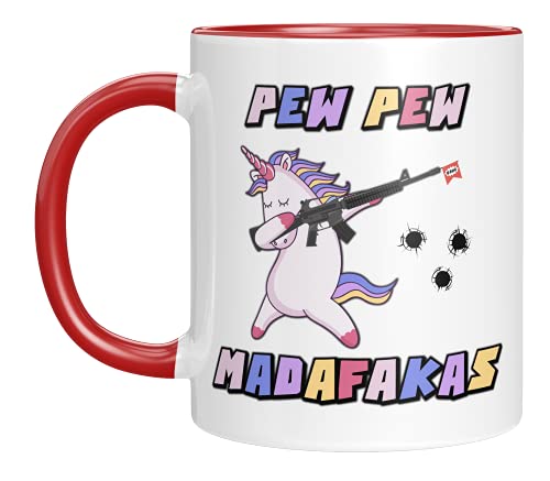 TassenTicker - Tasse mit Spruch - Pew Pew Madafakas - schießendes böses Einhorn - Kaffeetasse - beidseitig Bedruckt - Geschenk (Rot) von TassenTicker