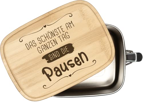 Brotdose - Das Schönste am ganzen Tag sind die Pausen - Brotbox Edelstahl mit Bambusdeckel -1000ml - Geschenk von Tassenbrennerei